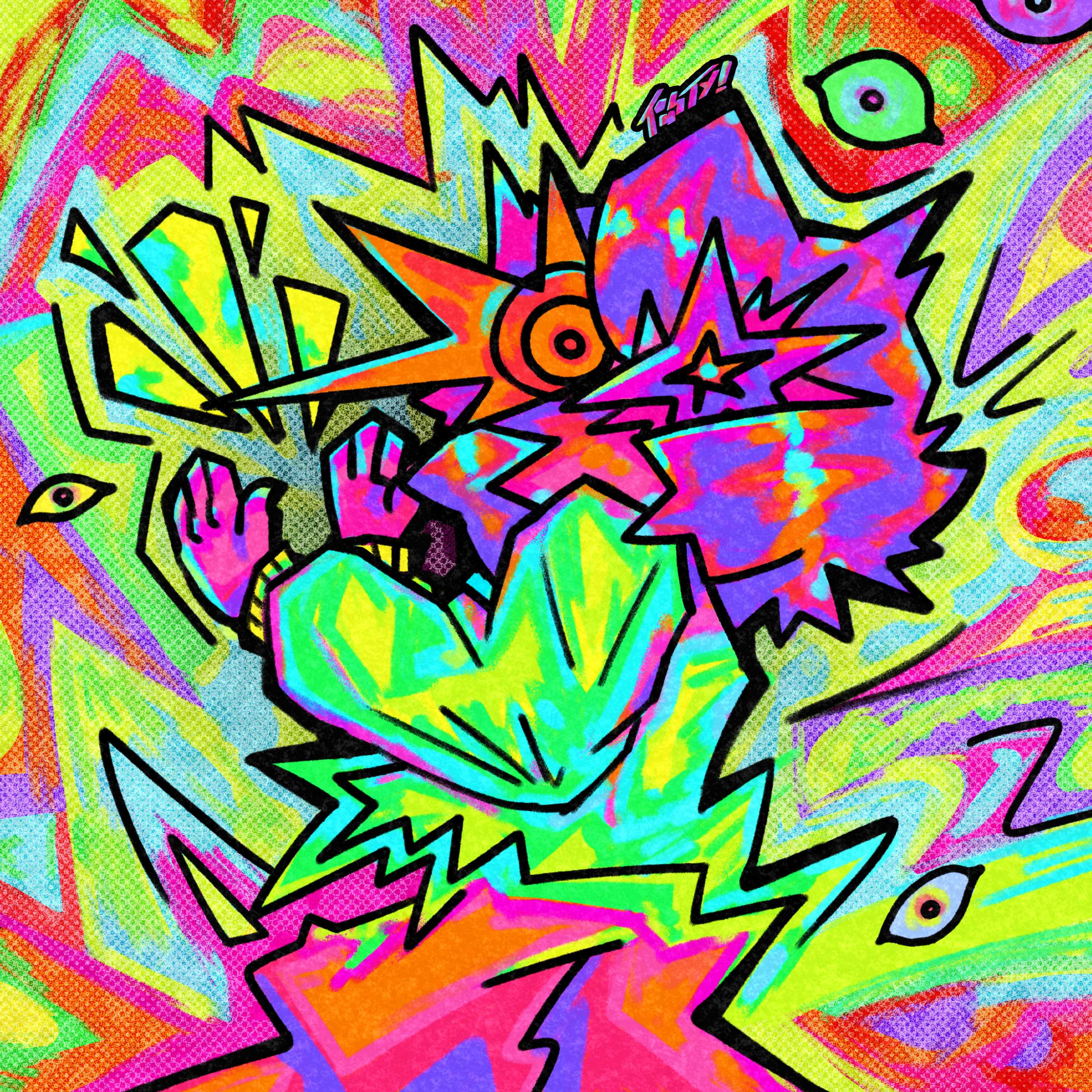 A psychedelic drawing in green, pink, blue, purple, and red of a person clapping while looking over their shoulder at the viewer. Their body and face is composed of jagged lines and star-like shapes.