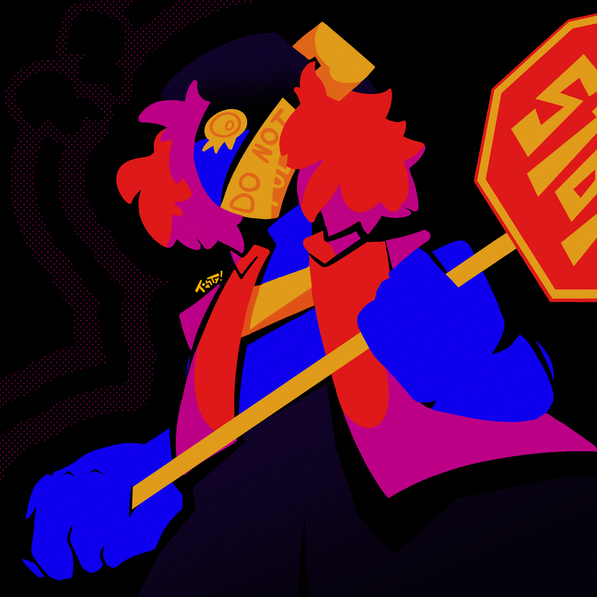 A flat drawing of my OC, Shellshot (A debt collector/mercenary with blue skin and red hair. They are missing their left eye and have covered it up with police tape. They are wearing a red button up shirt that is open, dark blue pants, a blue cap with an eye embroidered on it and a large gold ring attached to the brim.) holding a stop sign and eyeing the viewer