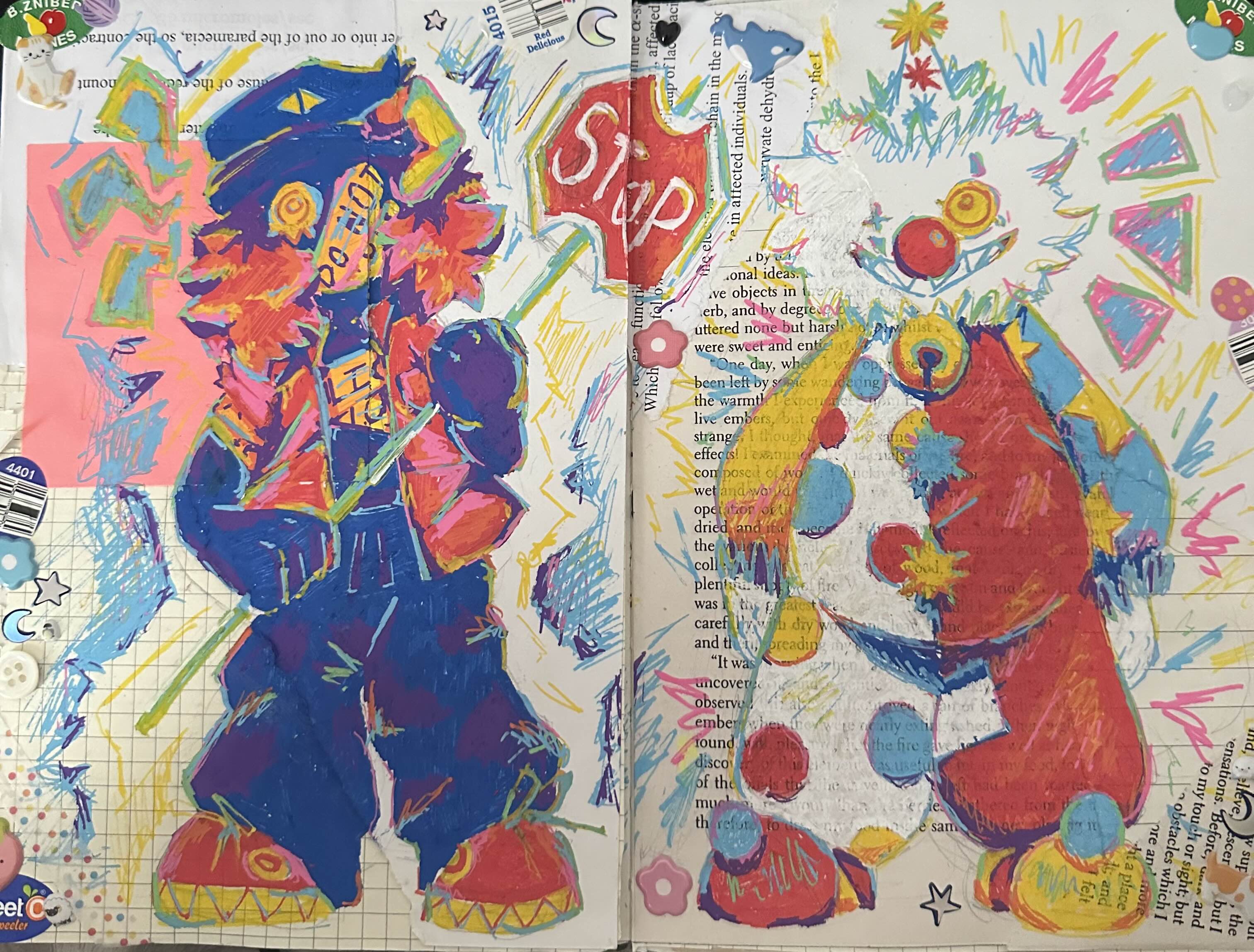 A sketchbook drawing of my OCs that spans over two pages. One page has Shellshot (A debt collector/mercenary with blue skin and red hair. They are missing their left eye and have covered it up with police tape. They are wearing a red button up shirt that is open, dark blue pants, a blue cap with an eye embroidered on it and a large gold ring attached to the brim.) holding a stop sign fashioned into a battle axe and the other has Hank (A strange clown with sharp teeth and Shellshot's left eye in place of his. His outfit is made up of different patterns all in red, blue, white, and yellow. He has a large yellow bell on his neck underneath his ruffled collar) gleefully looking at the viewer. Drawing with Poscas. The two pages are decorated with stickers and excerpts from books and documents.