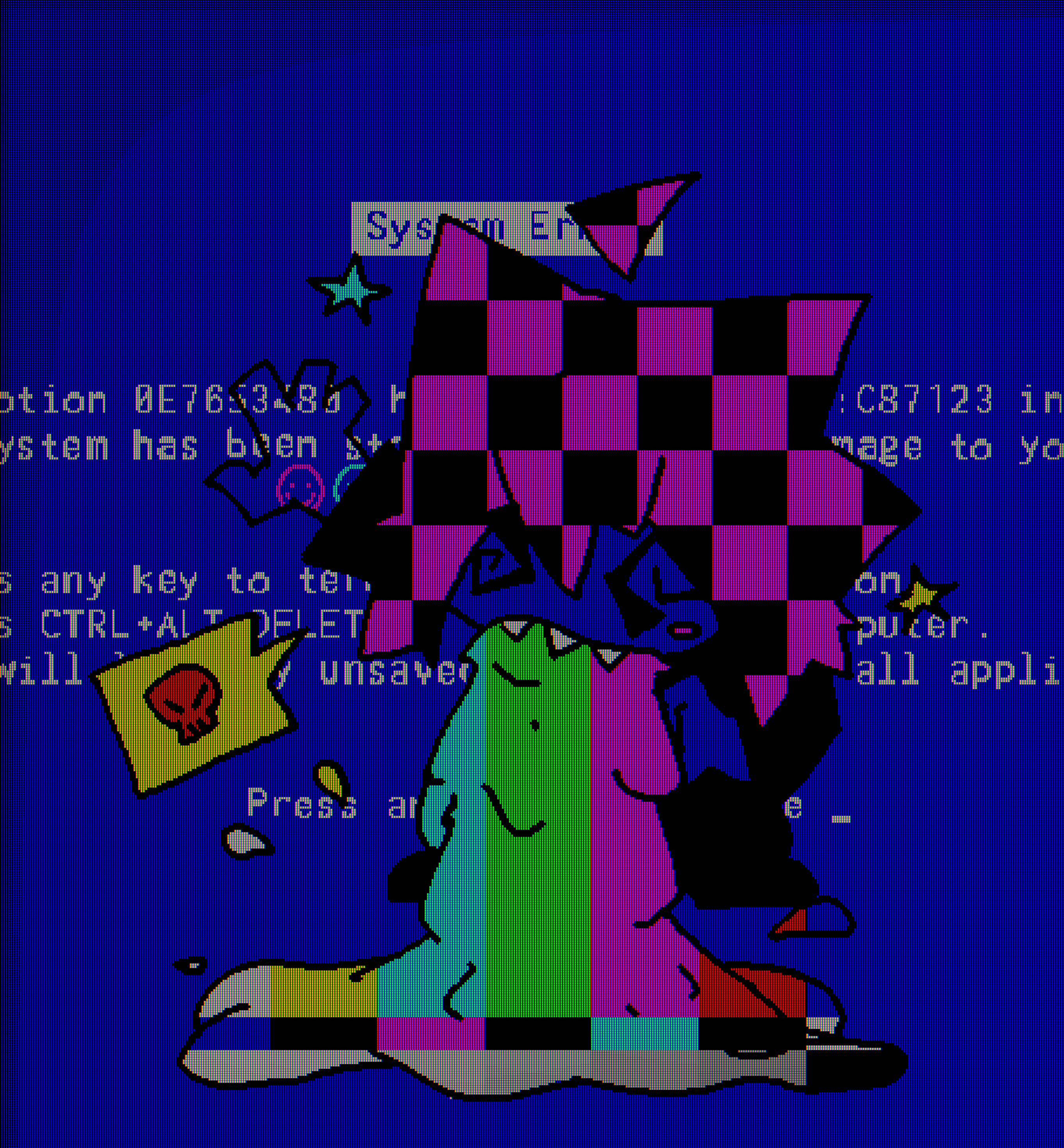 A pixelated drawing of a person with missing texture hair vomiting, their vomit displays a no signal screen. The background is a blue screen of death.